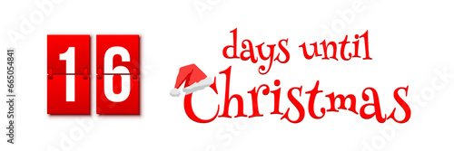 Countdown of days until Christmas, advent calendar with flip numbers template vector illustration. Red vintage text with Santa hat. 16 days until Christmas