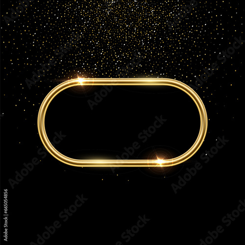 Golden ellipse frame for picture with shadow on black background. Blank space for picture, painting, card or photo. 3d realistic steel tube template vector illustration. Simple object mockup