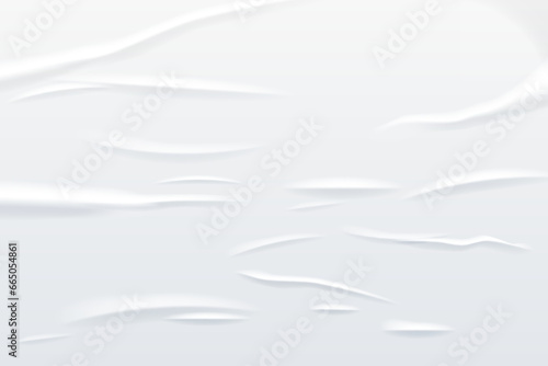 Glued white horizontal rectangle paper sheet. Vector isolated realistic crumpled poster. Wet greased wrinkles blank template texture. Empty advertising column mockup for creative design