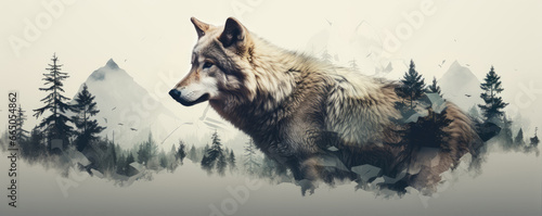 Wild wolf (canis lupus) on wite background in wild nature. Wolf design or graphic for t-shirt printing.