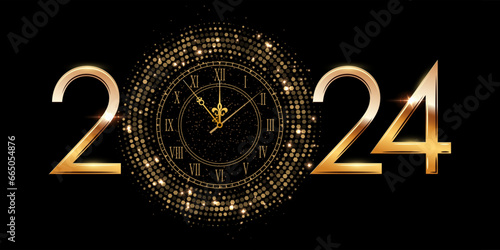 2024 Happy New Year clock countdown background. Gold glitter shining in light with sparkles abstract celebration. Greeting festive card vector illustration. Square holiday poster or wallpaper design