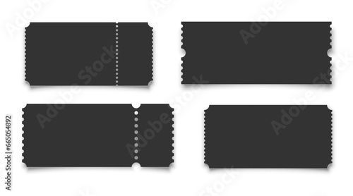 Collection of cinema realistic tickets vector template. Retro black paper coupons for event, discount vouchers mockup with text space on white background. Concert, movie, raffle, carnival blank pass