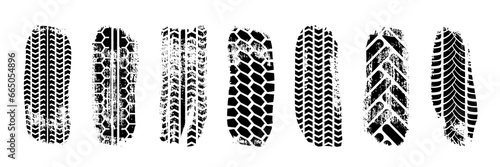 Black tire tracks. Car, bike, motorcycle tyre marks with grunge effect set isolated on white background. Collection of different wheels footprints on the road. Top view of rubber protector marks