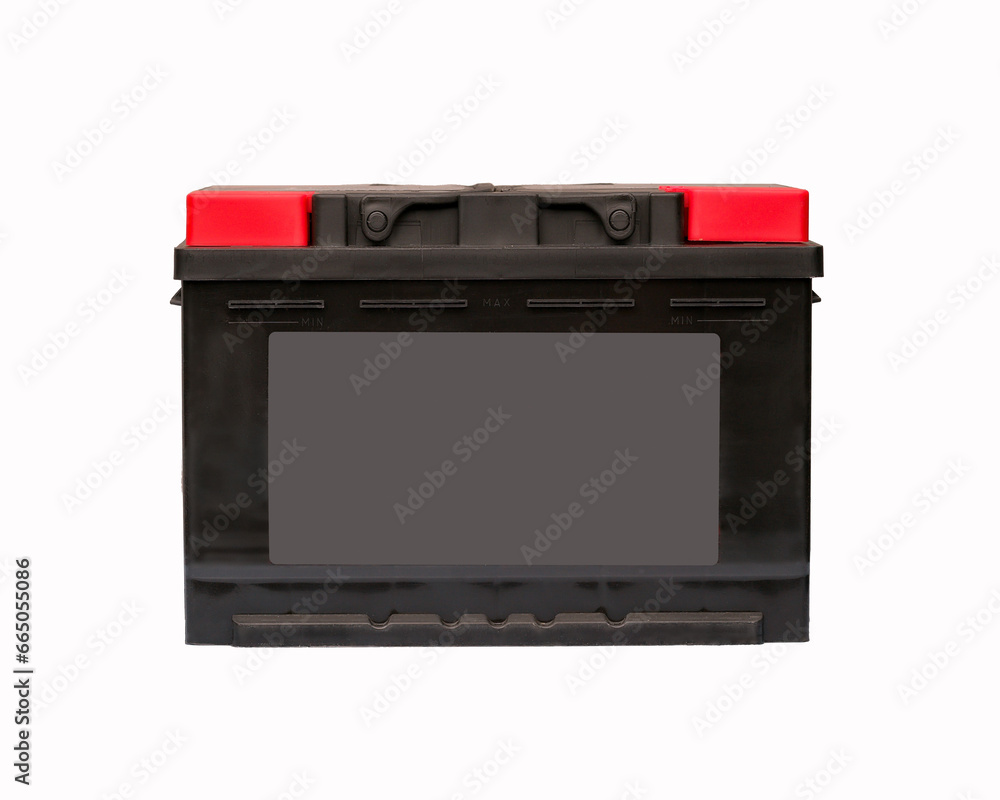 Fototapeta premium black car battery closeup on a white background, front view