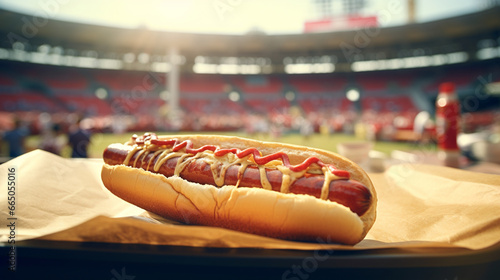 hot dog with mustard and ketchup at a ballpark
