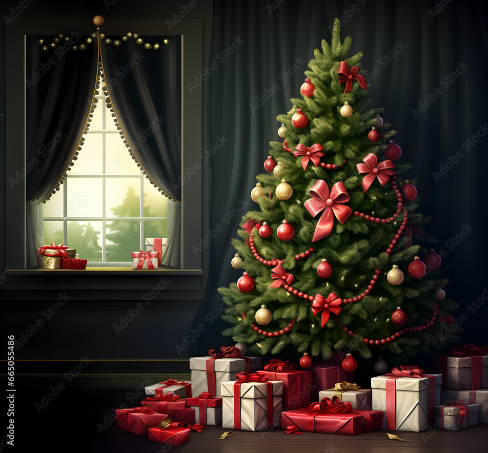 Illustration of a Christmas tree with lot of wrapped gifts in a living room with a big window, copy space