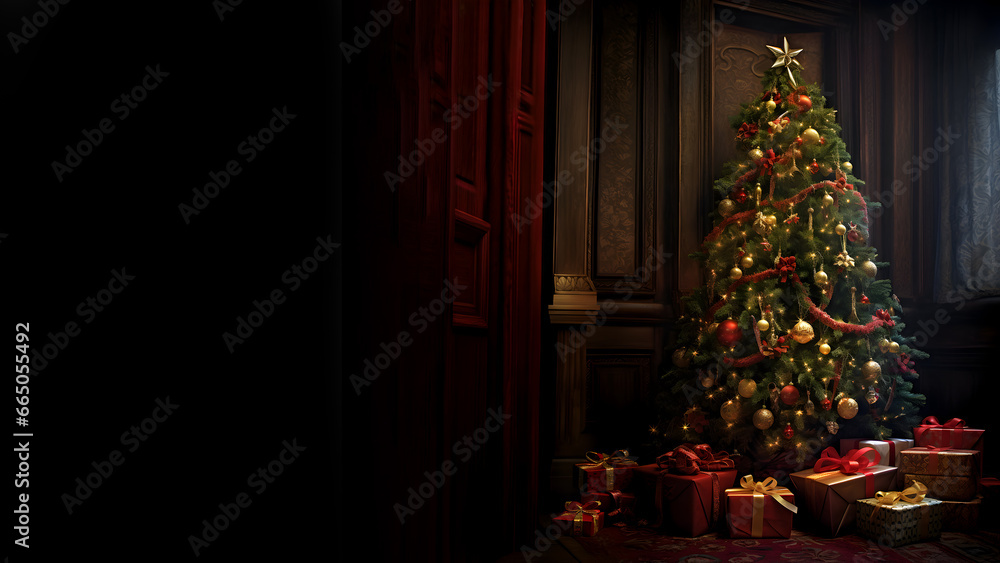 Illustration of a Christmas tree with lot of wrapped gifts in a living room, copy space, 16:9