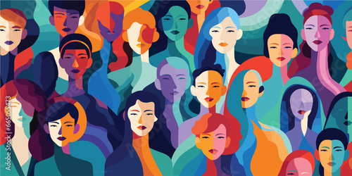 Flat colorful illustration of a diverse group of women photo