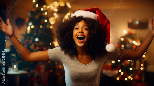 Head shot portrait overjoyed African American woman laughing, looking at camera, posing on Christmas tree background at home. Ai generated
