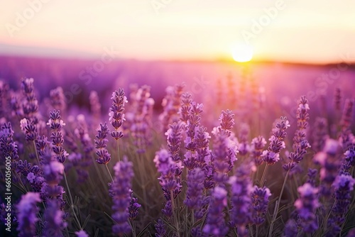 Close up lavender flowers in beautiful field at sunset. © MdBillal