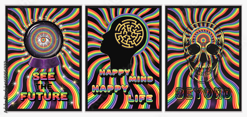Hypnotic posters with magic ball, skull, human head, rainbow beams, text. Concept of expanded consciousness, psychic abilities, hypersensitive perception. Vintage style