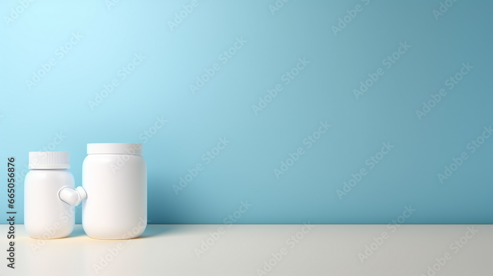 Powder milk on blue minimalist background with copy space. Milk powder for baby in a bottle. Baby Milk Formula and Baby Bottles concept Powder milk on blue minimalist background with copy space. Milk powder for baby in a bottle. Baby Milk Formula and Baby Bottles concept