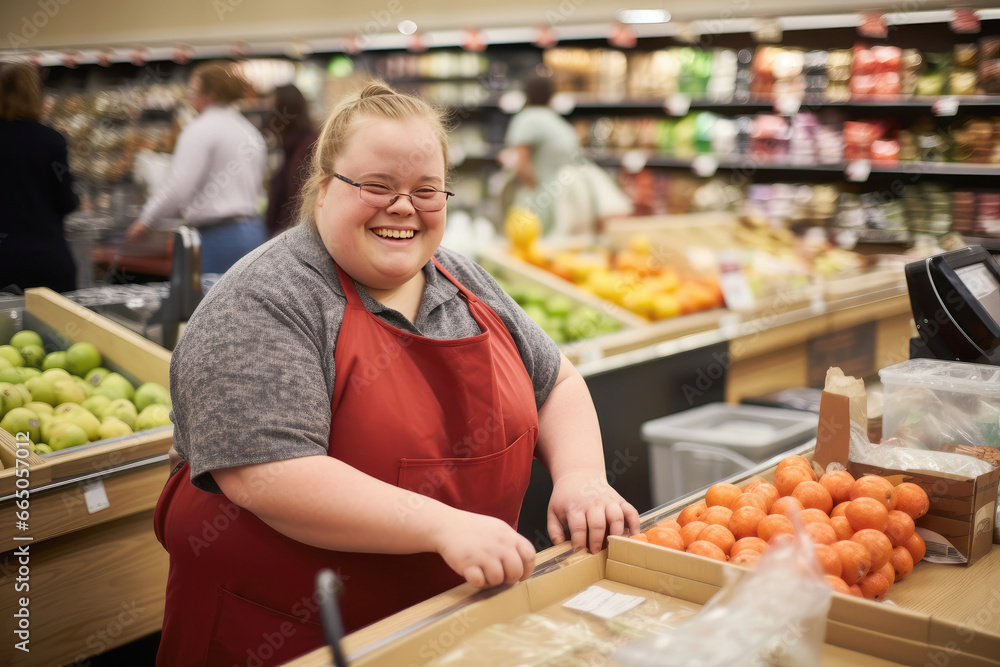 Smiling woman with Down syndrome working in a grocery store
