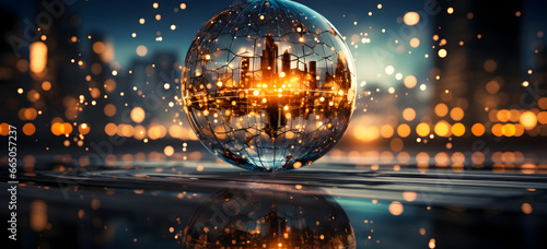 Global Business Gild Background, Abstract globe hologram with connections on blurry city background, World Future, A black and gold ball and some lights background , Glass World, generative AI