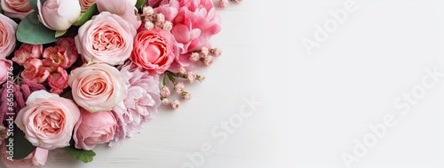 Fresh bunch of pink peonies and roses with copy space. #665057276