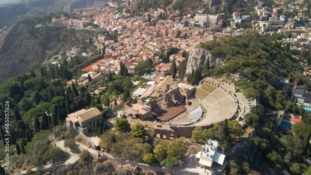 Aerial view of the stunning Taormina ancient town with its Greek amphitheater. Sicily Aerial view of the stunning Taormina ancient town with its Greek amphitheater. Sicily