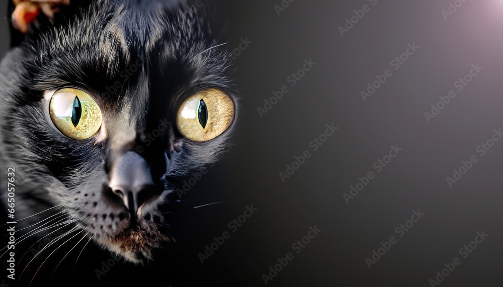 The eyes of a black cat glow in the dark on a black background with copy space. Generative AI The eyes of a black cat glow in the dark on a black background with copy space. Generative AI