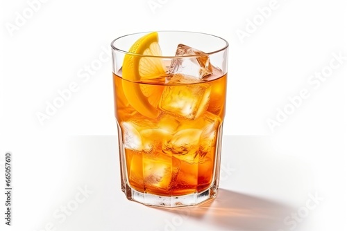 A glass of orange soda water with ice cubes on white background.