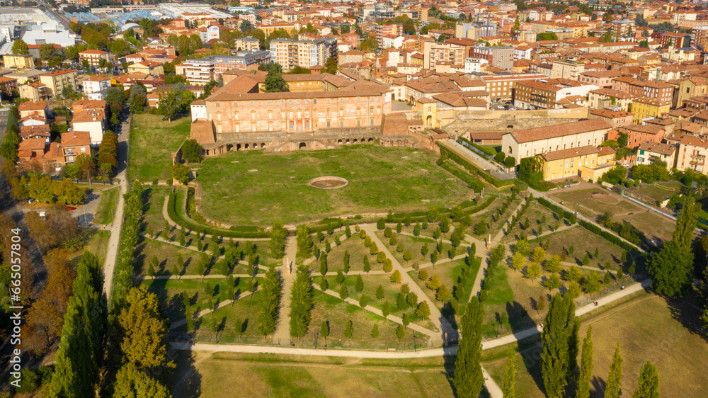 Aerial view of the Ducal Palace in Sassuolo. It is a Baroque villa with a large park located in the town of Sassuolo, Emilia Romagna, Italy.  It was a residence of the Dukes of Este.