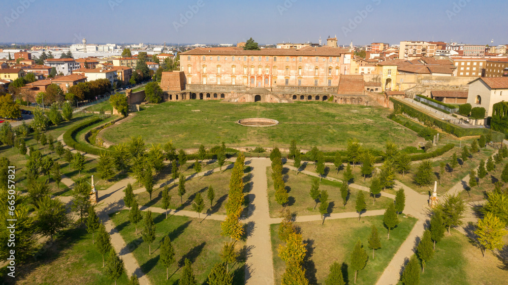 Aerial view of the Ducal Palace in Sassuolo. It is a Baroque villa with a large park located in the town of Sassuolo, Emilia Romagna, Italy.  It was a residence of the Dukes of Este.