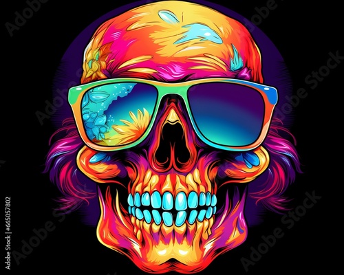 Neon Hipster Skull with Sunglasses - Digital Art on Transparent Black Background