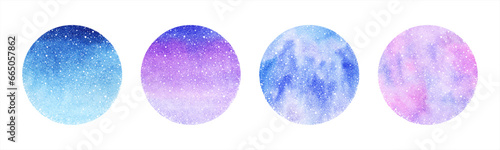 Winter watercolor round backgrounds set, falling snow dots texture. Circle shapes collection. Christmas, New Year hand drawn vector template with tiny specks, flecks, snowflakes and watercolour stains