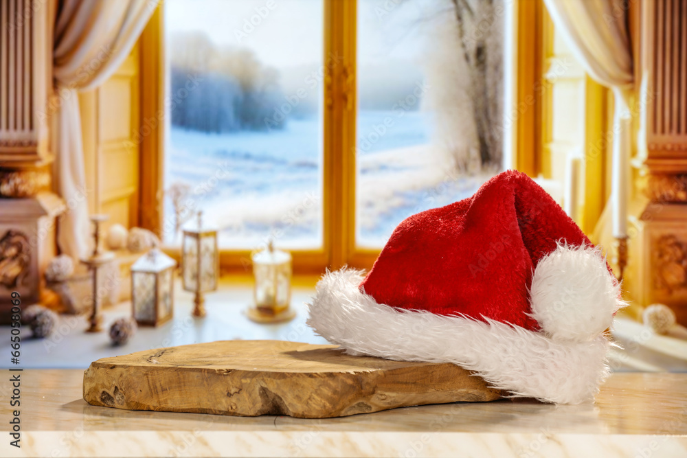 Fototapeta premium Winter window background and christmas tree. 