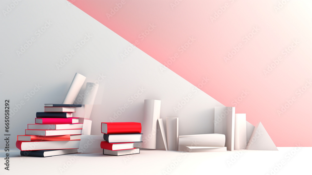 A stack of books against white pink wall with copy space on empty room. School, library and education promotional banner background with copy space A stack of books against white pink wall with copy space on empty room. School, library and education promotional banner background with copy space