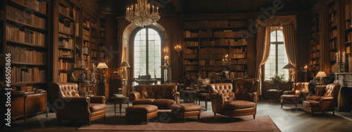 French chateau library with floor-to-ceiling bookshelves, leather armchairs, and a fireplace. photo