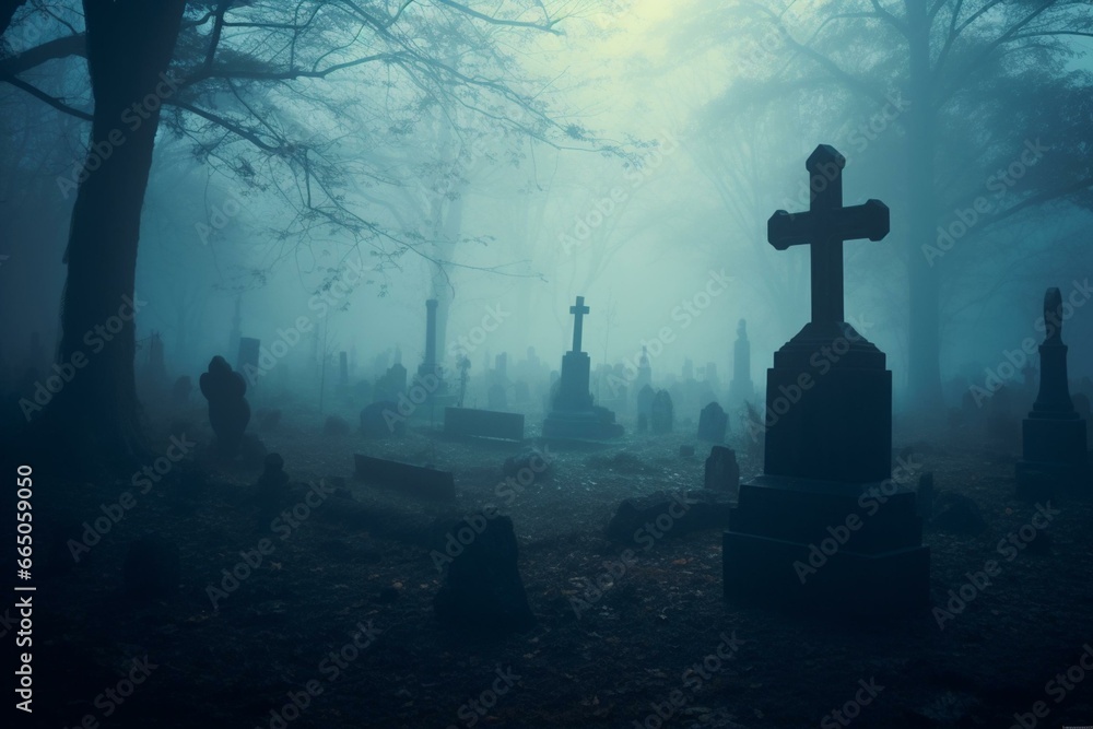Eerie Halloween ambiance: cemetery, tombstones, trees covered in misty blue fog. Generative AI