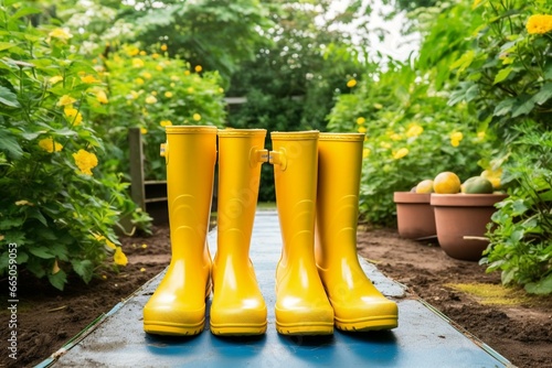 yellow rubber boots in garden. Generative AI