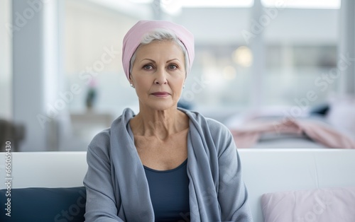 Senior sad woman wearing headscarf, suffering from bone cancer sitting alone at a hospital