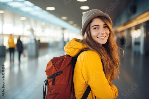 Beautiful Young woman traveler in international airport with backpack ,Beautiful young tourist girl with backpack in airport terminal, on travelator