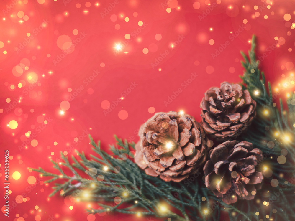 Christmas tree and gift box balls. Bokeh garlands in the blur red golden background. cube block to contain the purpose of doing. Developing ideas for the new year 2024. festival of celebration happy.
