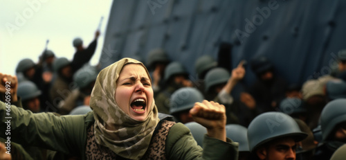 Emotionally Charged Photo: Woman in Hijab Addresses Military Personnel, a Poignant Moment in the Israeli-Palestinian Conflict.