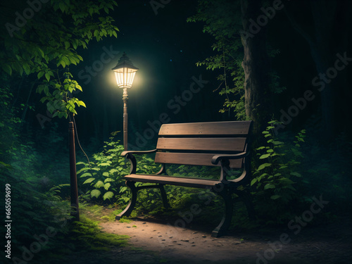 Night View of Wooden Bench and Street Lamp in Deep Forest