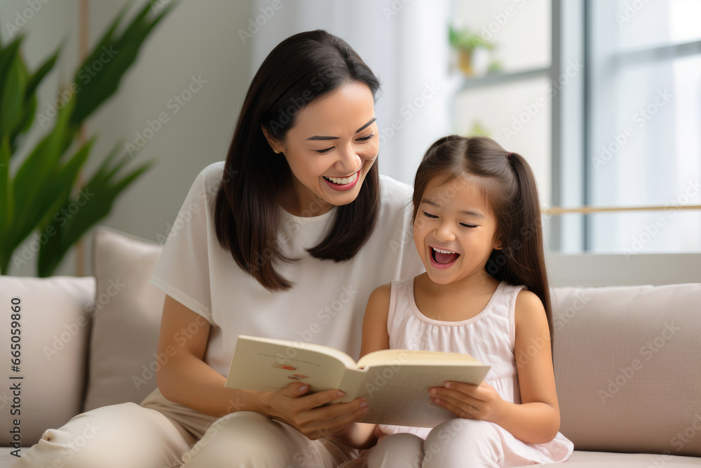 Preschool age girl laughs happily while sitting with her mom reading a story book Preschool age girl laughs happily while sitting with her mom reading a story book