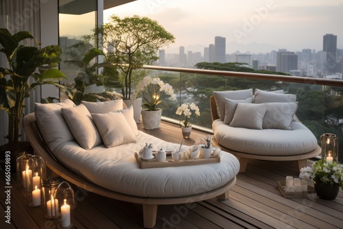 A luxury balcony with a city scenery