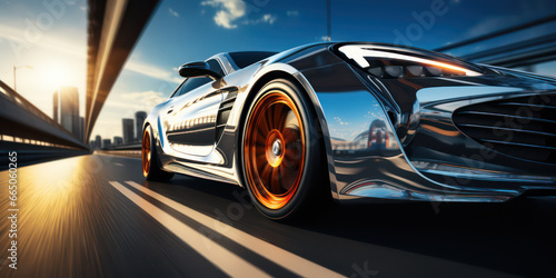 Close-up of wheel of fast sports car on highway: high speed auto in motion blur © AMK 