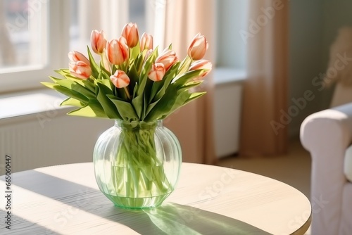 A bouquet of tulips in a beautiful vase at home in a bright modern interior on a wooden table. Spring concept. generative ai.