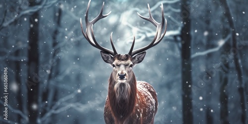 Noble deer male in the winter snow forest. Artistic winter Christmas landscape. © MdBillal