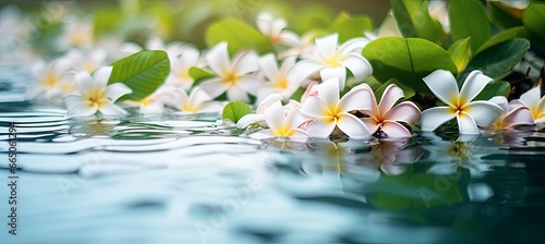 Plumeria flowers on green leaf floating on water. A peaceful and serene scene with a touch of nature and beauty. photo
