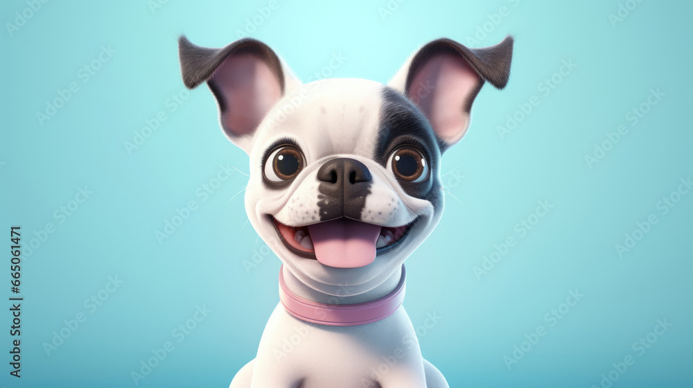 Realistic 3d render of a happy,  furry and cute baby Boston Terrier smiling with big eyes looking strainght