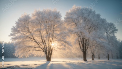 "Winter's Sacred Illumination: Sunlight Through Snowy Trees"