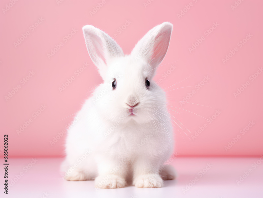 Front view of cute white baby bunny standing on pink background, beautiful action of young rabbit