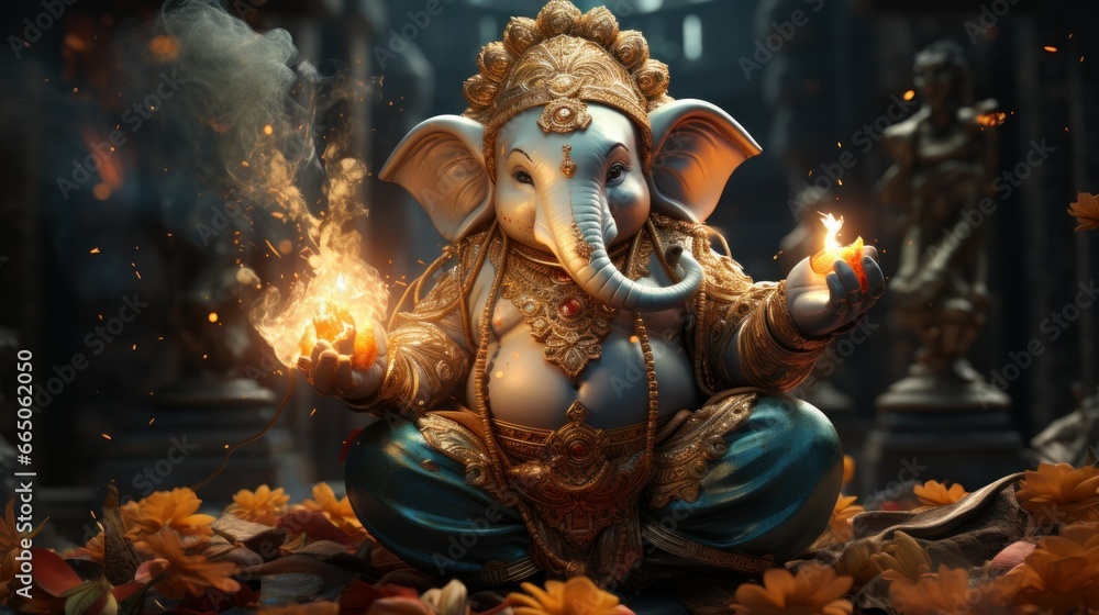 A decorative  Ganesha Hindu God holding fire surrounded by a colorful display of flowers diwali concept
