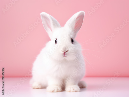 Front view of cute white baby bunny standing on pink background, beautiful action of young rabbit © Kedek Creative