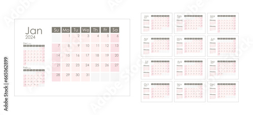 Calendar 2024 template.  Week starts on Sunday. With previous and next month miniature. Graphic design. Vector illustration.