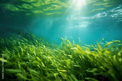 Underwater view of a group of seabed with green seagrass. © MdBillal