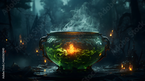 Cauldron with green glowing potion isolated on a dark foggy background